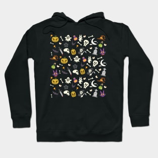 Group pattern of pumpkins, skeletons and ghosts on halloween Hoodie